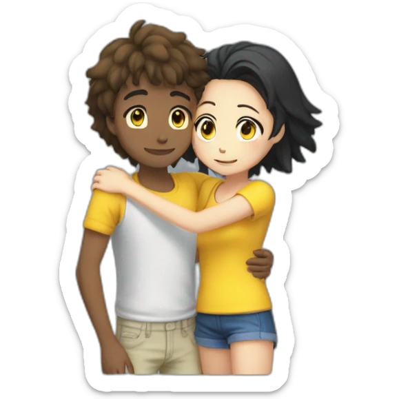 Kamijou Touma hugs a female wearing a yellow-colored shirt, wearing short pants, having short hair, and she felt black dark, and she had blue eyes sticker