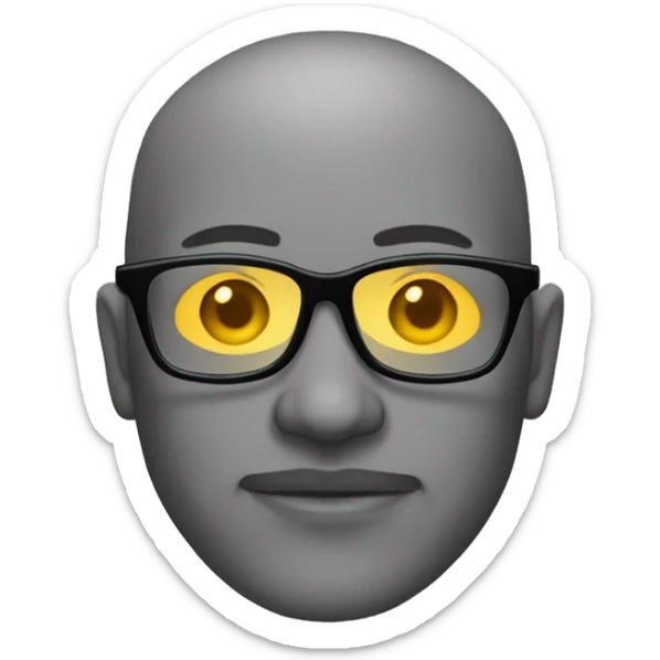 man with grey skin, no hair, stubble, wearing glasses that have a distinctively yellow tint sticker