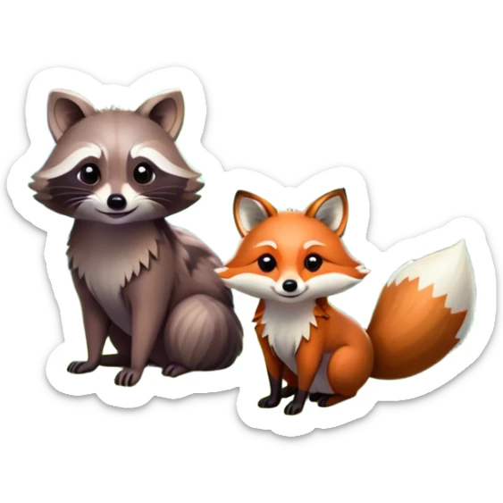 raccoon and a fox among a colorful forest with vibrant green trees, bushes and flowers. The animals are in the foreground, surrounded by a lush, bright forest, with soft sunlight filtering through the leaves. A playful photo-realistic and wild scene with a transparent background. sticker