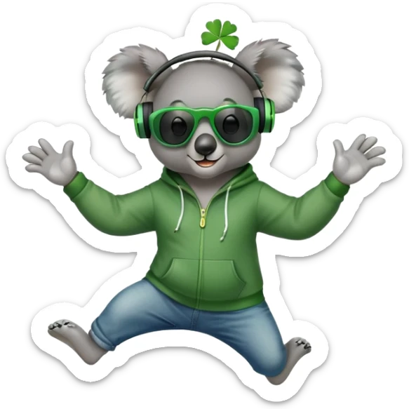 anthropomorphised koala, full body, wearing a hoodie and jeans, dark sunglasses, headphones, dressed for St. Patrick's Day, jumping in a different pose sticker
