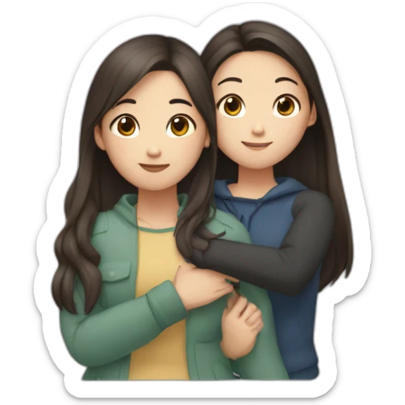 Two girls friends one dark hair, second girl is asian with long brown hair hugging each other sticker