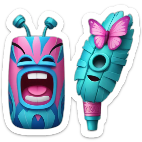 Cartoon Blue and pink tiki singing with butterfly and in the mikrophone sticker