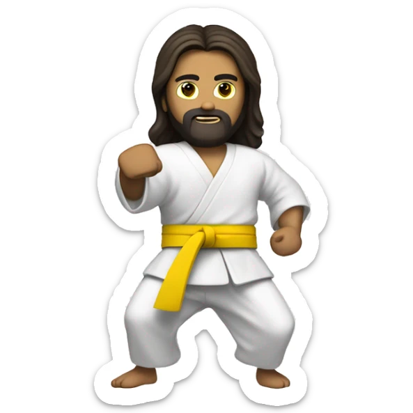 Jesus fighting kung fu with a yellow belt, black pants and a white shirt with black sleeves sticker