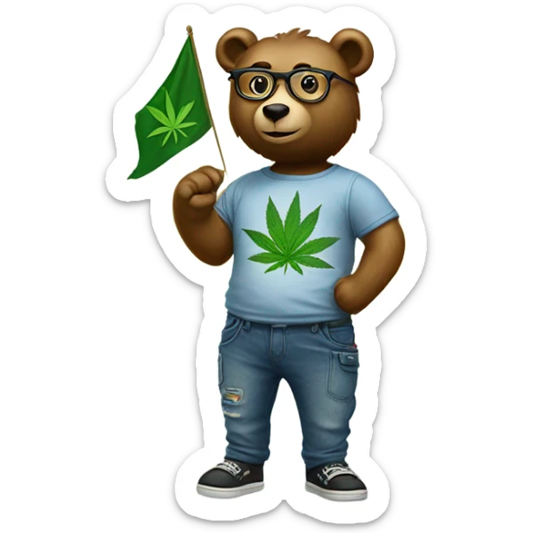 Bear dressed in jeans and tee shirt. Wearing glasses. Holding a flag in his right hand with a cannabis leaf on it. sticker