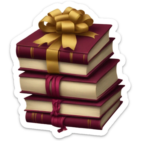 burgundy books stacked up and tied together by a burgundy bow sticker