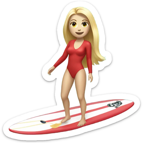 A young women with blond hair a red long sleeve and red bikini bottoms surfing on a turquoise surfboard with a white line on the surf board sticker