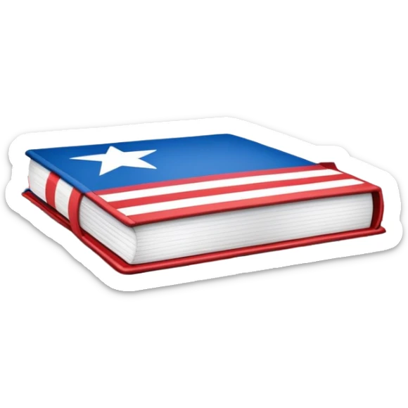 Book of theatrical set design with cover designed like the Puerto Rican flag, red and blue stripes with white star, theater curtains visible on pages sticker