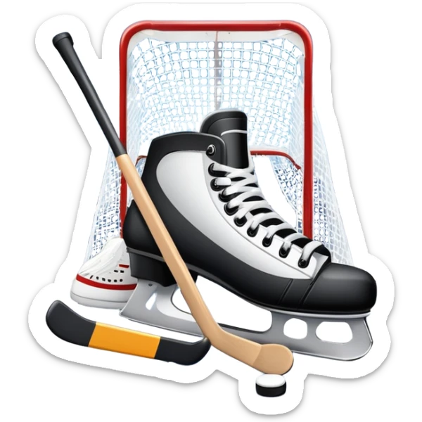 An icon showing a close-up of a hockey stick, puck, skates, and hockey net placed on the ice. The background features a packed stadium with bright lights, cheering fans, and snowy scenery outside. Transparent background highlights the key elements of the game. sticker