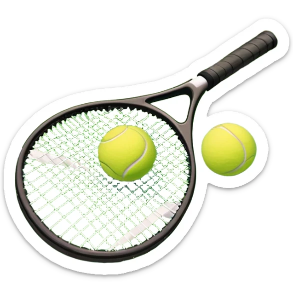 A tennis racket and a ball placed on the ground, with a tennis court in the background. The court lines and net are visible, emphasizing the structure and focus of the sport, creating a dynamic and energetic vibe. sticker