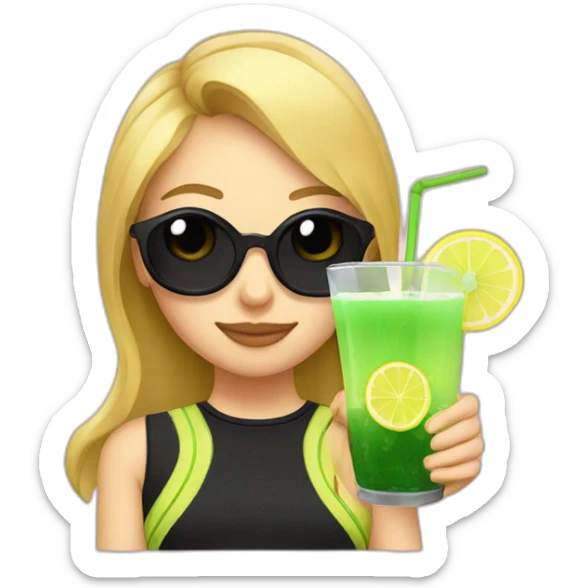 blonde girl straw drinking pink lemonade with one green lemon in the cup, with black watch black tshirt sticker