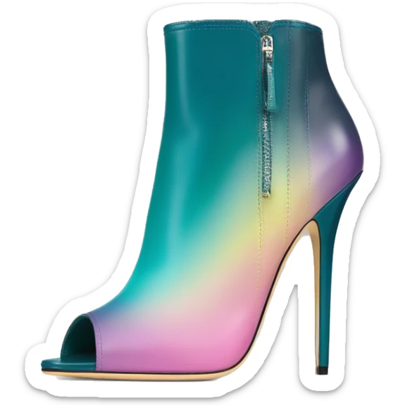 Realistic isolated front view of a pair of dark teal,pastel pink,pastel purple,and yellow ombre Jimmy Choo stiletto peep toe ankle boots. sticker