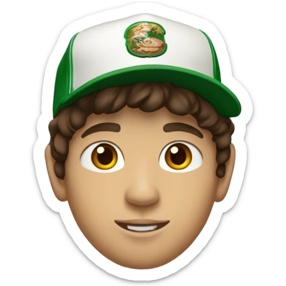 Teenager boy type mexican, White skin, with baseball cap backwards, with wavy brown hair (Which go down behind to the nape of the neck), Little bit dezoom sticker