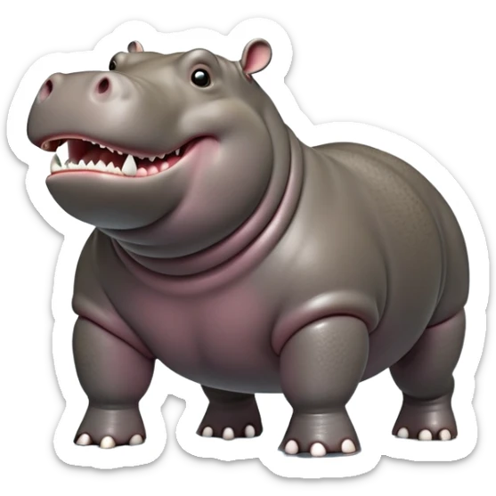 cinematic-hippo-realistic-full-body side view-standing on all fours-emoji,-massive-round-frame,-wide-mouthed-grin-exposing-huge-teeth,-head-tilted-dramatically,-thick-greyish-brown-hide-glossy-from-water,-simplified-yet-realistic-focused-features,-highly-detailed,-glowing-with-an-almost-sarcastic-glow showing only 4 theeth sticker