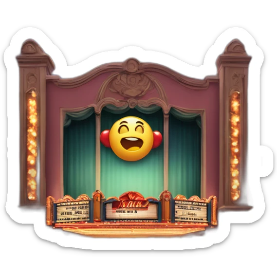 Movie theater with lights shining upward from left and right and a big sign displaying the movies playing sticker