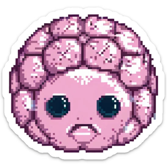 16-bit pixel art of a pink brain-shaped blob with sad droopy eyes and downturned mouth, smooth rounded brain texture, simple retro gaming style sticker