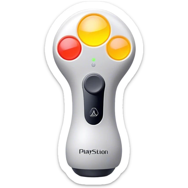 Clash of Clans aesthetic: Cinematic Playful PlayStation Move Controllers Portrait Emoji, rendered in a 3D vector-style similar to standard emojis with minimal shading and bold, simplified shapes. A compact, distinct form with signature details, softly glowing with a cutting-edge console technology charm. Simplified yet unmistakably iconic, highly detailed and consistent, glowing with a soft radiance and high shine. Stylized with a touch of technological advancement and a soft glowing outline, capturing the essence of a beloved gaming relic with a friendly, playful manner! sticker