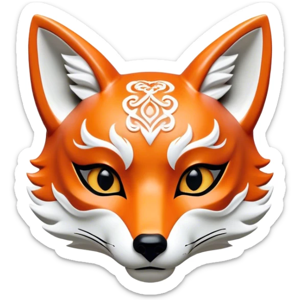 ​Cinematic Realistic Japanese Kitsune Mask, depicted as an intricately carved fox mask with flowing, delicate features and vivid traditional patterns, its mysterious eyes set against a softly blurred background that emphasizes its mystical allure and cultural significance, rendered with detailed textures and refined lighting, sticker