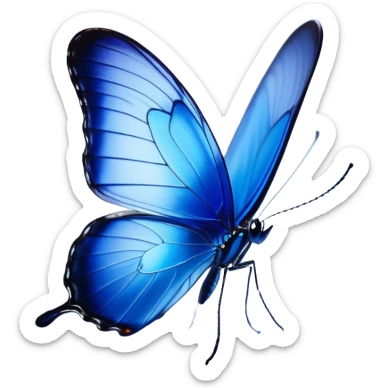 Cinematic Realistic Noble Blue Butterfly Portrait Emoji, Poised and graceful, with delicate, translucent wings rendered in vivid sapphire and indigo tones, a slender, elegant body with finely detailed textures, and gentle, reflective eyes, illuminated by soft natural light, high shine, intelligent and ethereal, styled with an air of refined natural beauty, focused and attentive, soft glowing outline, capturing the essence of a watchful and confident blue butterfly that appears to flutter out of the screen with effortless grace! sticker