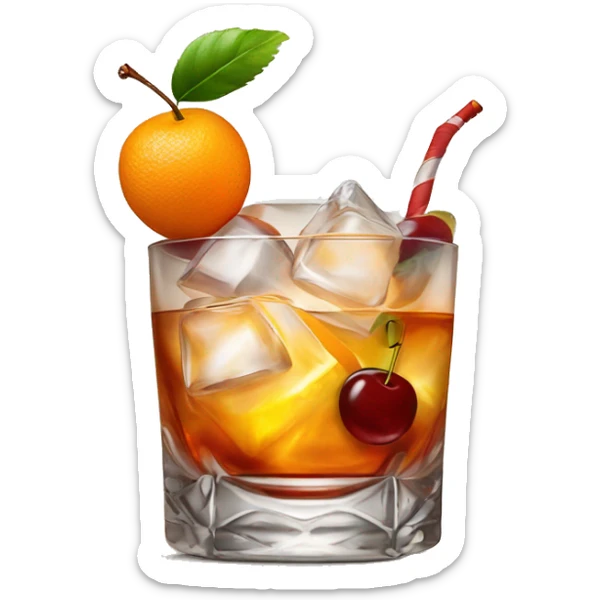 Old fashioned cocktail in an old fashioned glass with an orange twist and a cherry sticker