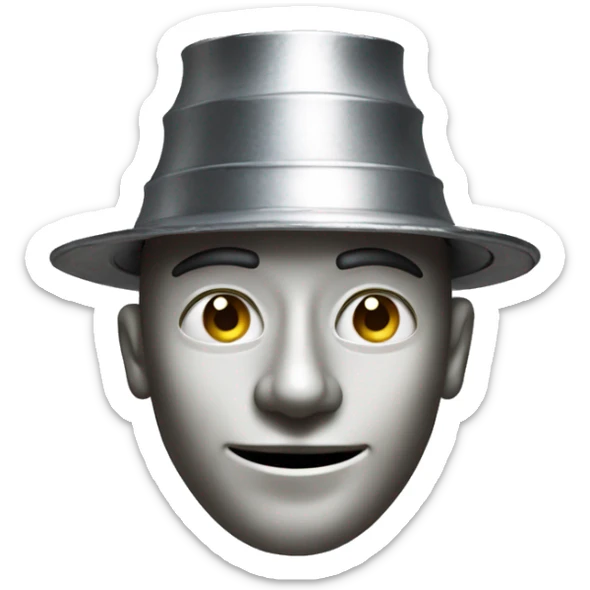 a man made entirely of tin, with a gleaming metallic body composed of smooth, jointed plates, a round head featuring simple facial details, a funnel-shaped hat on top sticker