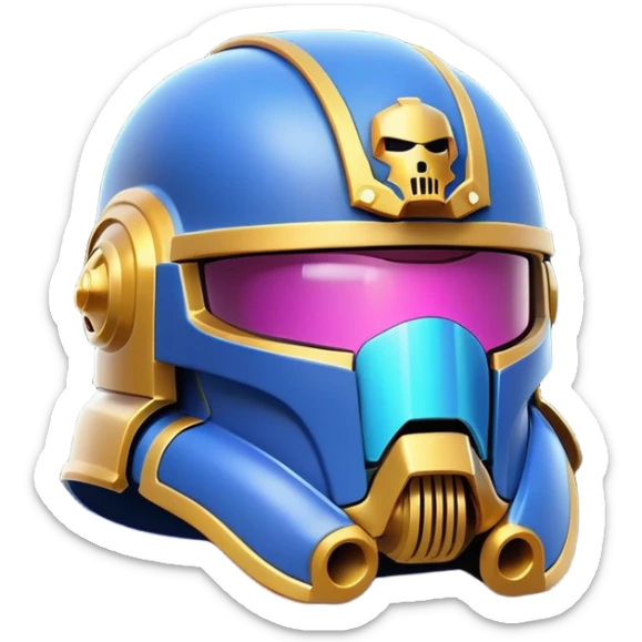 Clash of Clans aesthetic: Cinematic Playful Space Marine Helmet Emoji, rendered in a 3D vector-style similar to standard emojis with minimal shading and bold, simplified shapes. A compact, heroic isometric helmet with futuristic, armored detailing and a glowing visor, softly glowing with a battle-ready cosmic charm. Simplified yet unmistakably iconic, highly detailed and consistent, glowing with a soft radiant shine and high gloss. Stylized with a touch of interstellar valor and a soft glowing outline, capturing the essence of an elite warrior’s helm with a friendly, playful spirit! sticker