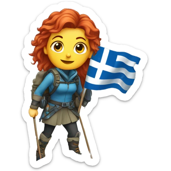 a red hair female mountaineer summitting ice peak with greek flag sticker