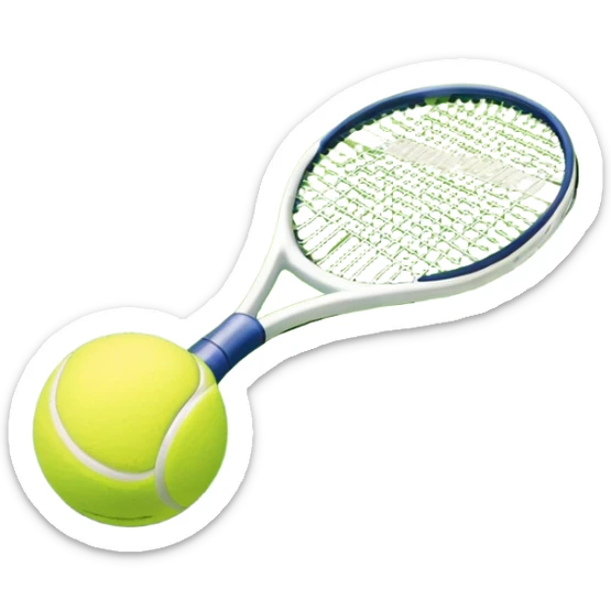 A tennis racket and ball placed on the grass court, with the lines of the court clearly visible in the background. The scene captures the essence of the sport, highlighting the equipment and the vibrant, open atmosphere of a tennis match sticker