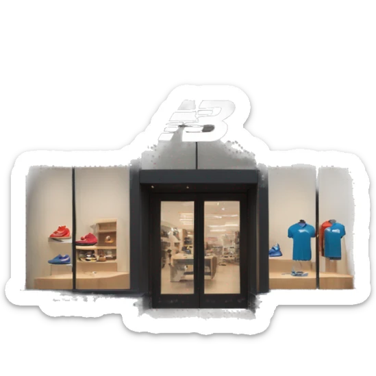 “New Balance store exterior with a clean, modern facade, the iconic ‘N’ logo, large windows showcasing athletic footwear, and a minimalist entrance.” sticker