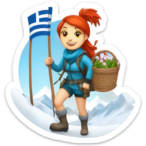 red hair female winter mountaineer climbing with Easter basket and Greek flag sticker
