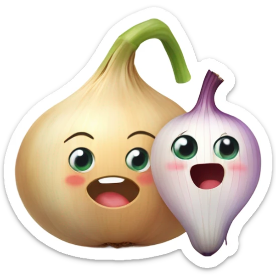  emoji of a cute garlic clove and a smiling onion looking at each other with love. They have big, adorable eyes and rosy cheeks. Small red hearts float around them, and they appear to be blushing, creating a romantic and funny atmosphere. sticker