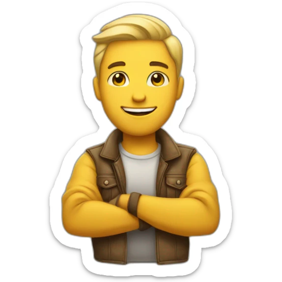 Proud, yellow skin tone emoji, man with his arms crossed, smile on his face, and a swag sticker