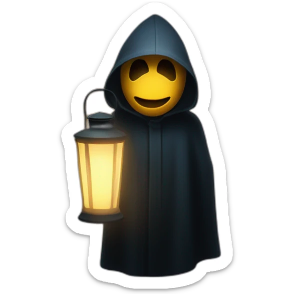 A mysterious figure cloaked in shadows, illuminated only by the soft glow of a lantern ,emoji sticker