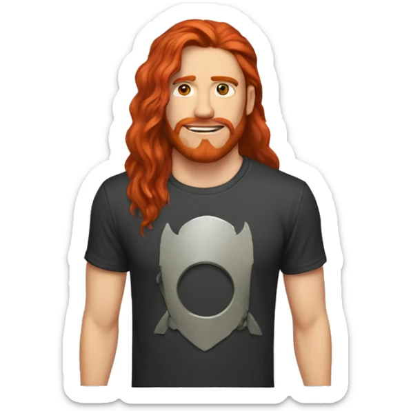guy with long red hair and no beard with a metal band shirt sticker