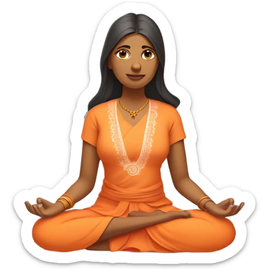 an  Indian woman, sleeveless pastel shirt
 yogi with a peaceful and meditative expression. The character should be wearing an orange robe, symbolizing traditional yogic attire. The yogi can be sitting in a lotus position sticker