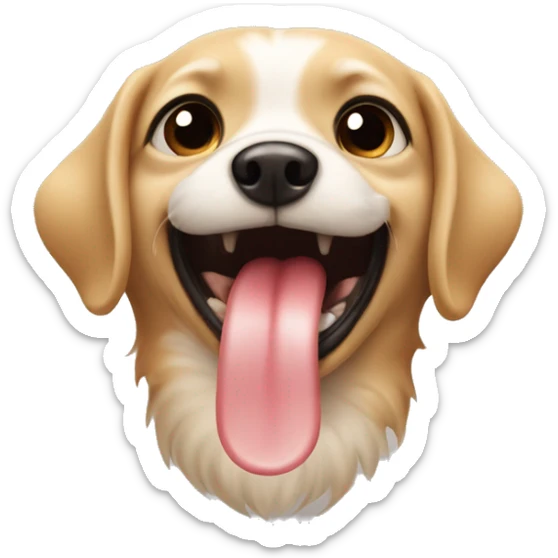 Depict a emoji that shows “yummy” with a picture of a small dog, licking its lips with its tongue sticker