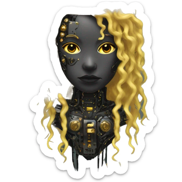 black metal female cyborg head with circuitry and yellow gold curly hair sticker