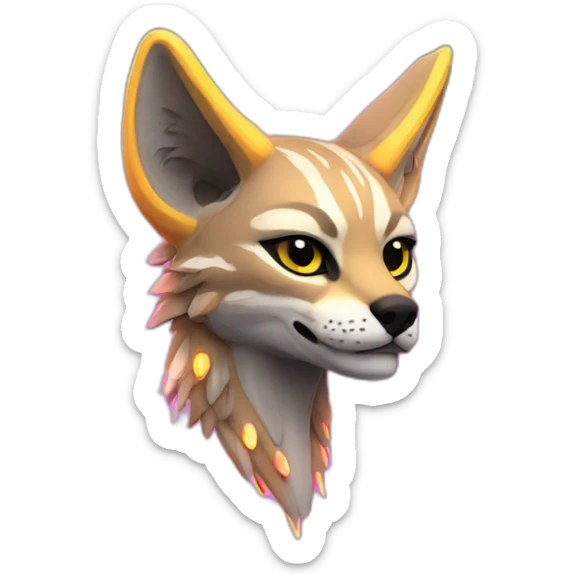 Coyote ocelot with grey and black fur and phoenix wings on back and pink ears half skeleton, neon lights sticker