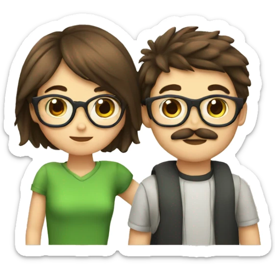 A boy with brown hair and a mustache is kissing a green haired girl wearing glasses sticker