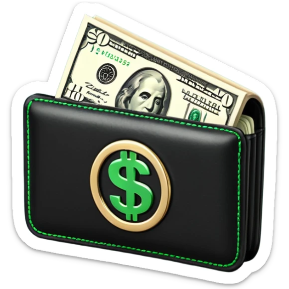 Rich emoji style black leather wallet with dollar bills, luxury money vibe, premium 3D emoji, ultra clean, high detail, no background sticker