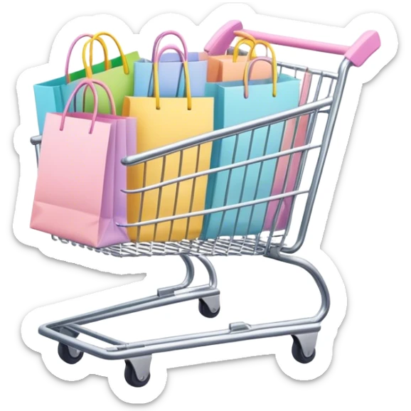 shopping cart filled with pastel colored shopping bags sticker