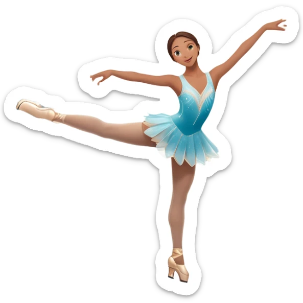 An icon showing a graceful figure skater mid-spin on a sparkling ice rink, arms extended in an elegant pose. The background features soft lights, festive decorations, and an audience in a cozy arena. Transparent background highlights beauty and artistry of figure skating sticker