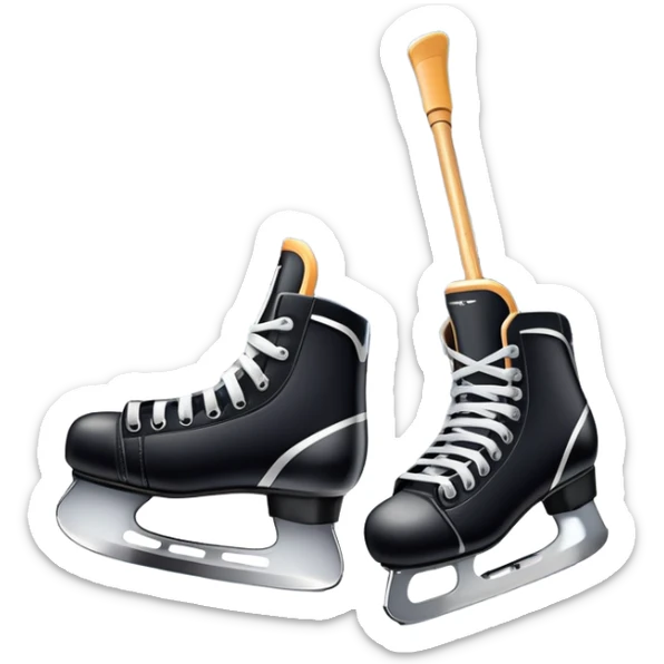 Please, make An icon featuring close-up shots of key hockey equipment: a hockey stick, puck, and skates. The background shows a packed stadium with cheering fans, bright arena lights, and an icy rink. Transparent background highlights the essentials of the game and the thrill of the sport. sticker