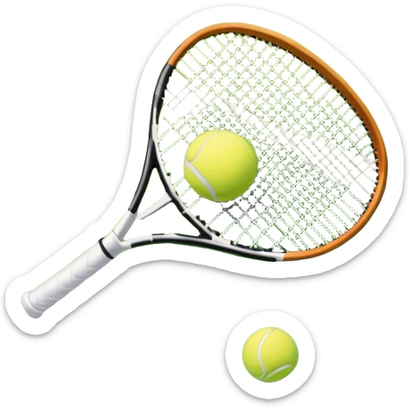 A tennis racket and ball positioned on a grass court, with the net and lines clearly visible in the background. The scene emphasizes the classic elements of the sport, capturing the energy and precision of a tennis match. sticker