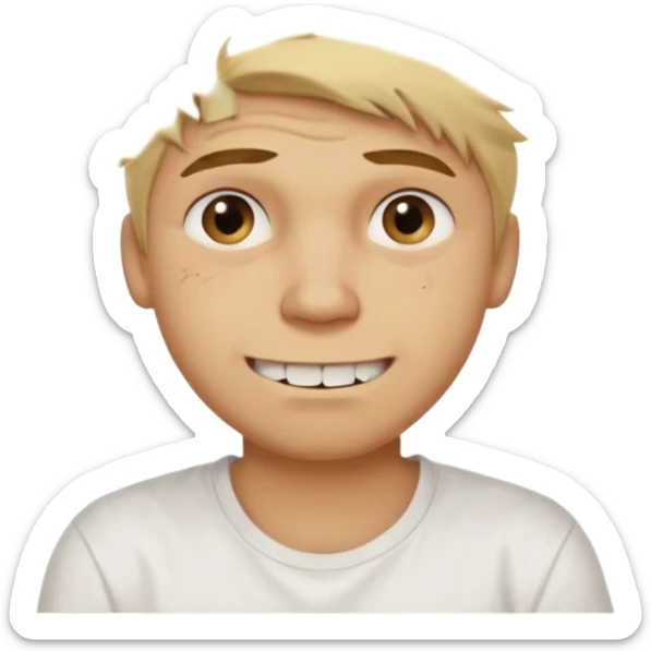 Male with short, messy blonde hair, large expressive golden-brown eyes, light brown skin, subtle facial bruises and scratches, crooked smile showing slightly damaged teeth, wearing a plain white t-shirt, friendly but creepy expression.
 sticker