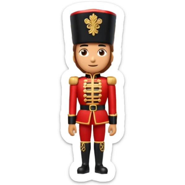 3D emoji of a majestic
Nutcracker soldier standing in front of a stylized Bolshoi Theatre facade. Snowy winter atmosphere, theatrical gold and red colors. High-quality 3D render, glossy plastic and wood textures, isolated on a white background. sticker