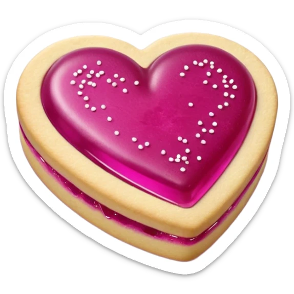 Realistic shortbread cookie in the shape of a heart with Fuchsia color jelly middle filling and sprinkled powder sugar on top. sticker