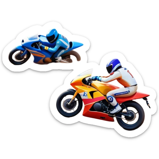 A sleek racing car and motorcycle speeding on a track, leaving a trail of dust behind. The scene captures the thrill of high-speed competition, with blurred motion and vibrant colors, highlighting the dynamic energy of motorsport. sticker