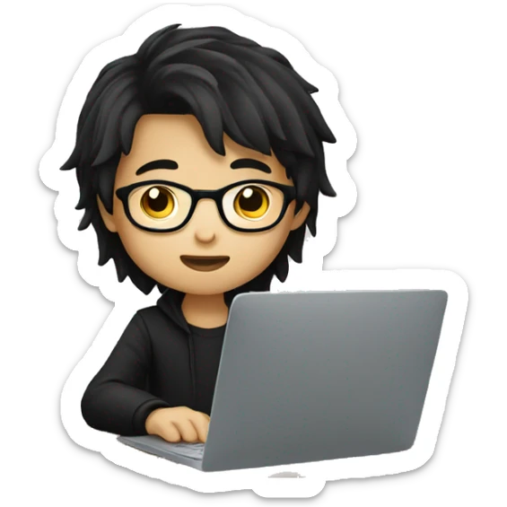 asian boy with glasses, long hair working, wearing black clothes , on his laptop  sticker