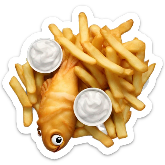 fish and chips on the plate. the ketcups are on the middle of the plate sticker