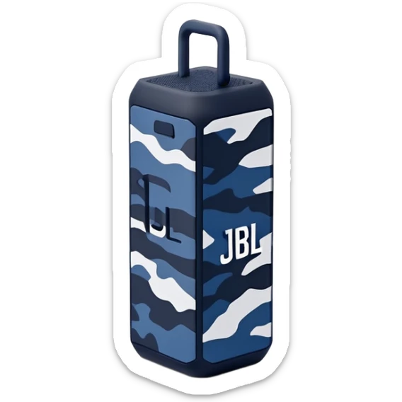 Navy blue and black maritime camouflage JBL Go 4, minimalist design, sleek portable speaker, simplified form sticker